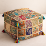 Handcrafted Indian Patchwork Pouf Cover – Embroidered Ottoman Cover